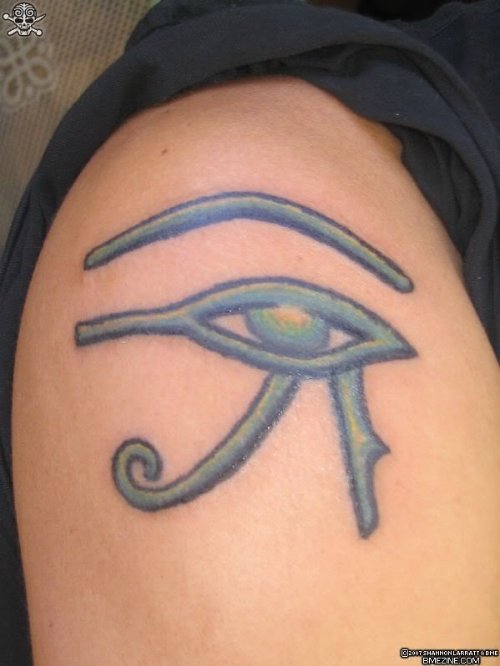 Blue Ink Eye Of Horus Tattoo On Shoulder